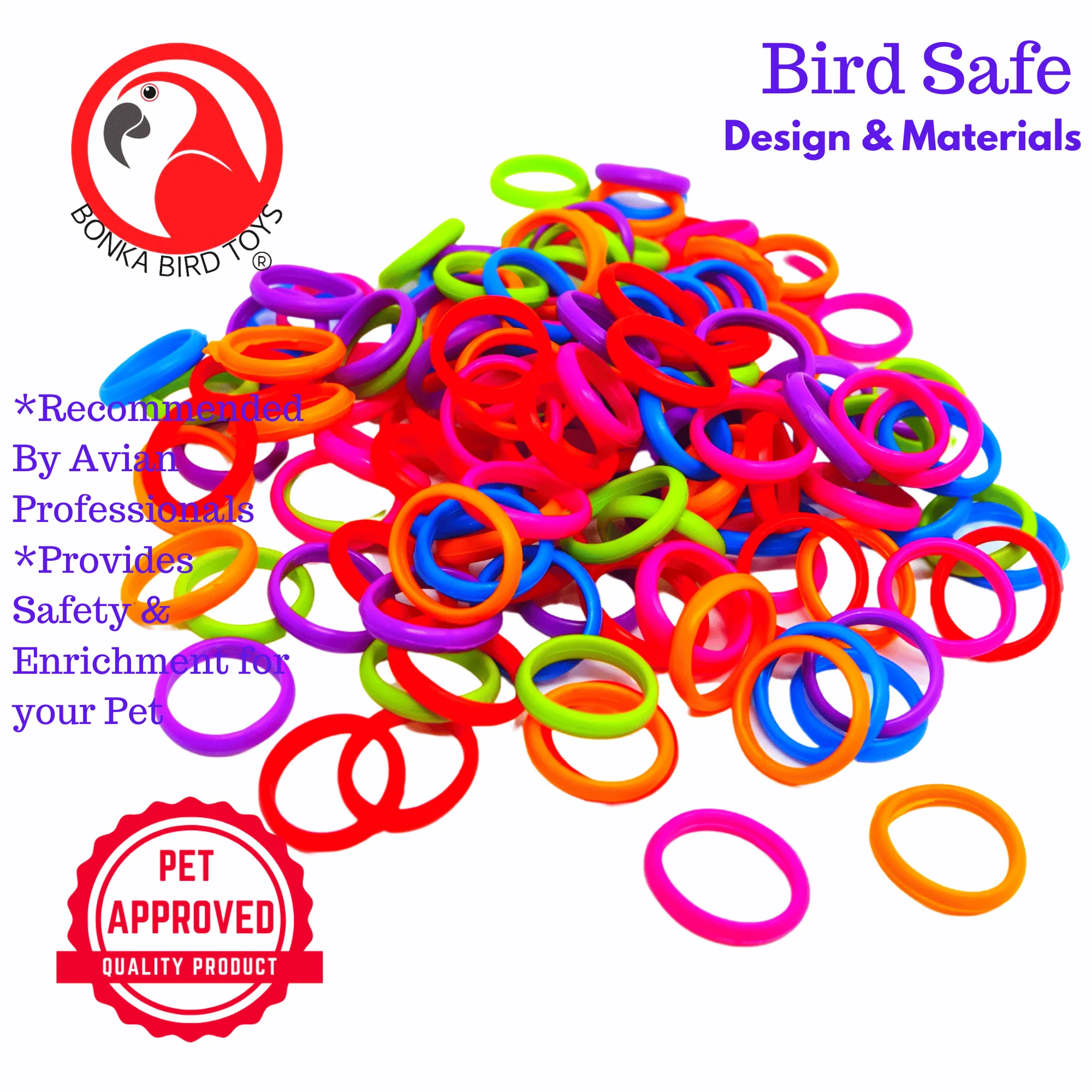 2953 Pk144 0.75" Colorful Bird Toy Rings - 144-Pack Rubber Neon Rings for Parakeets to Conures