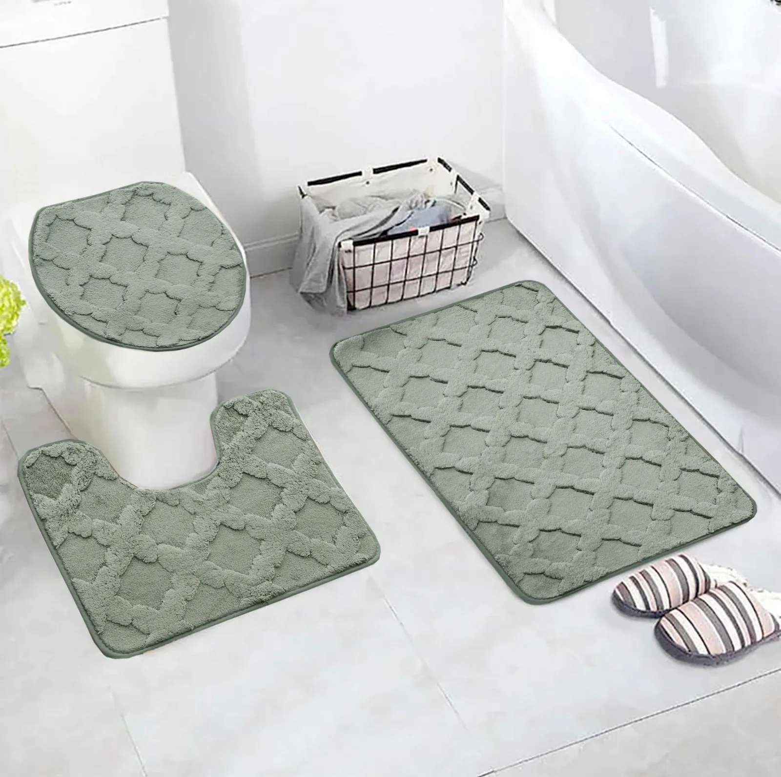 3 PCs Anti Skid Commode Mat Set(328)-Zig Zag Grey