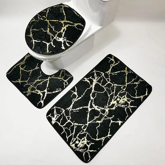 3 PCs Anti Skid Commode Mat Set(5415)-Black Marble