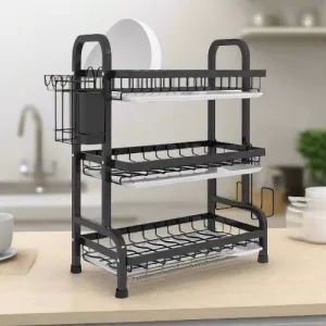 3-Tier High Quality Steel Dish Rack (Black)