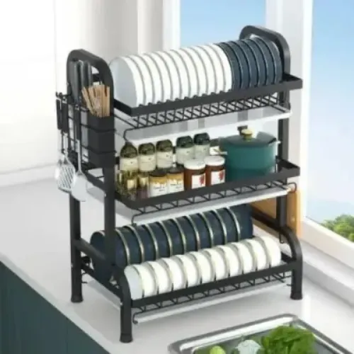 3-Tier High Quality Steel Dish Rack (Black)