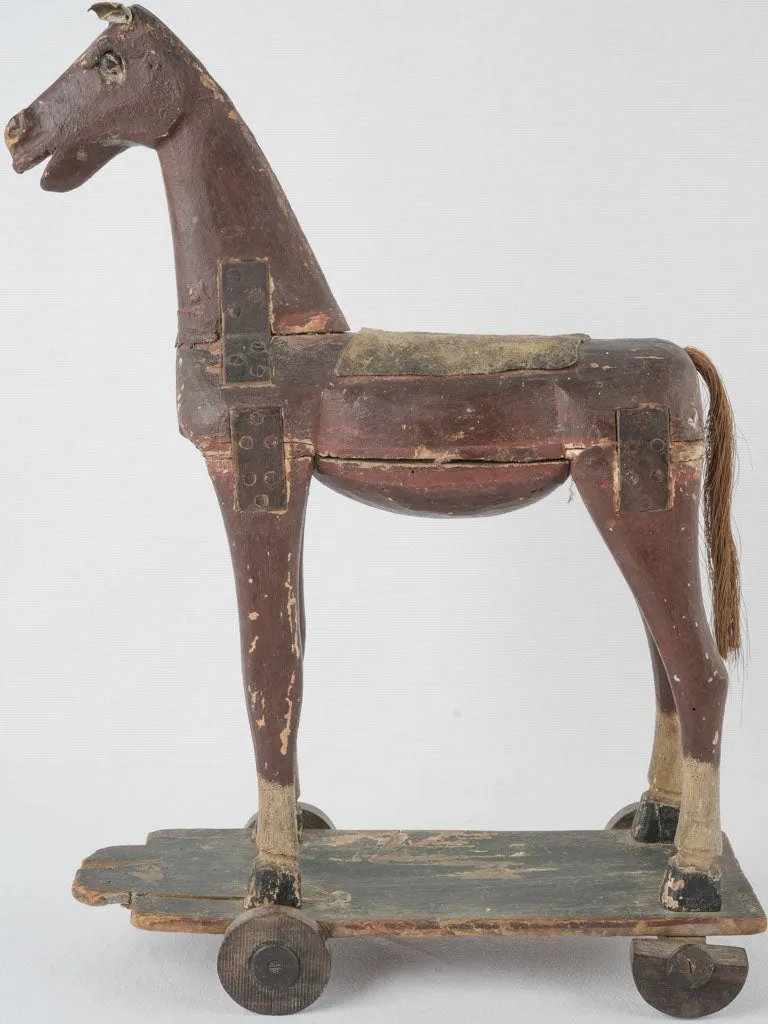 Antique French wooden horse - pull toy