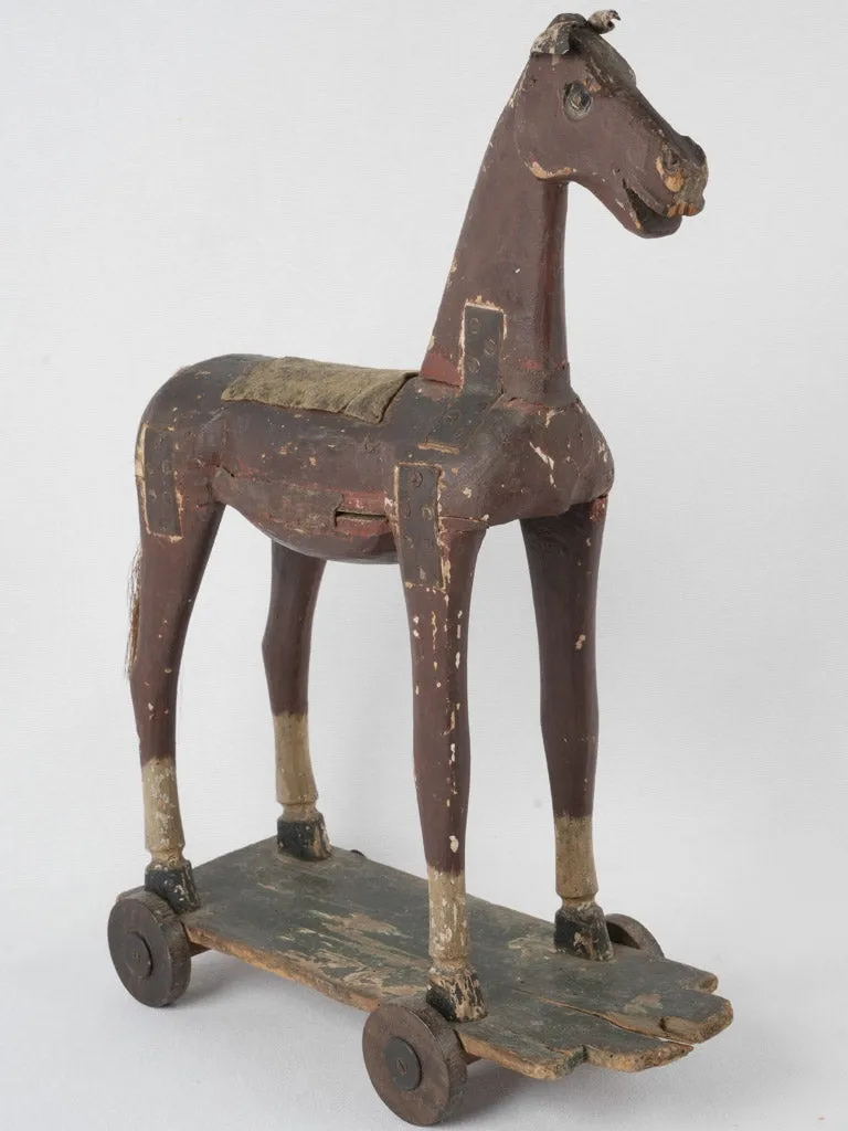 Antique French wooden horse - pull toy