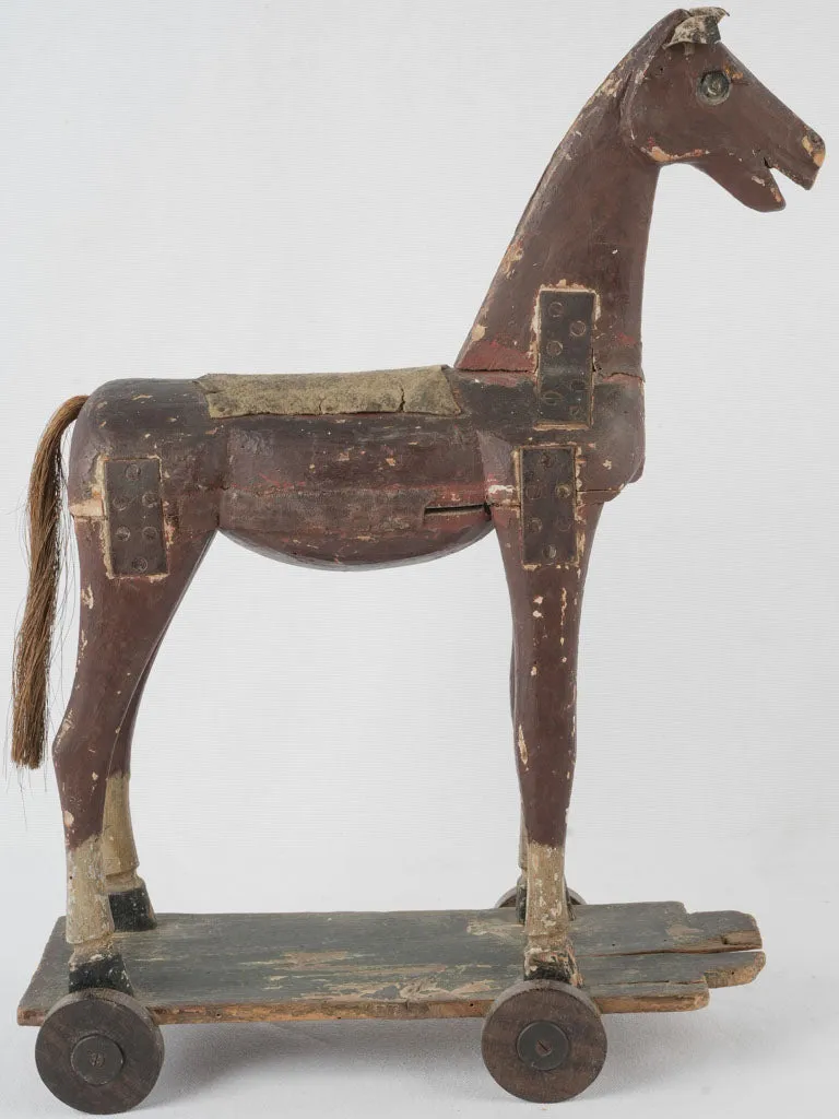 Antique French wooden horse - pull toy