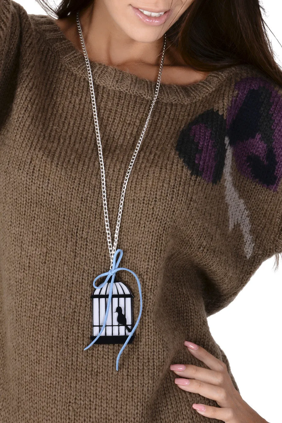 BIRD CAGE Black Silver Chain Pendant