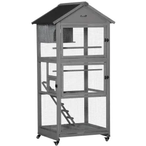 Bird Cage Mobile Wooden Aviary House for Canary Cockatiel Parrot with Wheel Perch Nest Ladder Slide-out Tray 86 x 78 x 180cm Grey