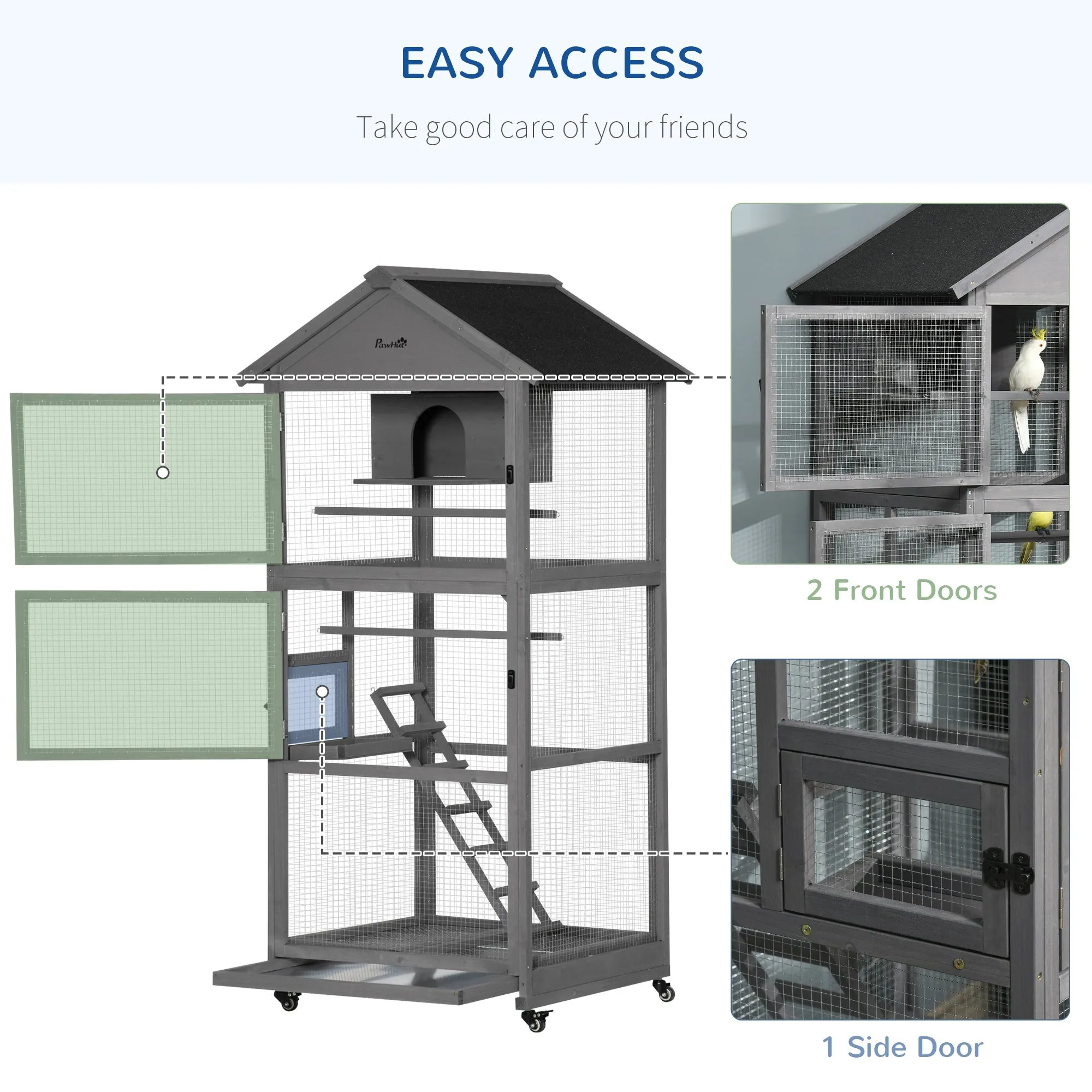 Bird Cage Mobile Wooden Aviary House for Canary Cockatiel Parrot with Wheel Perch Nest Ladder Slide-out Tray 86 x 78 x 180cm Grey