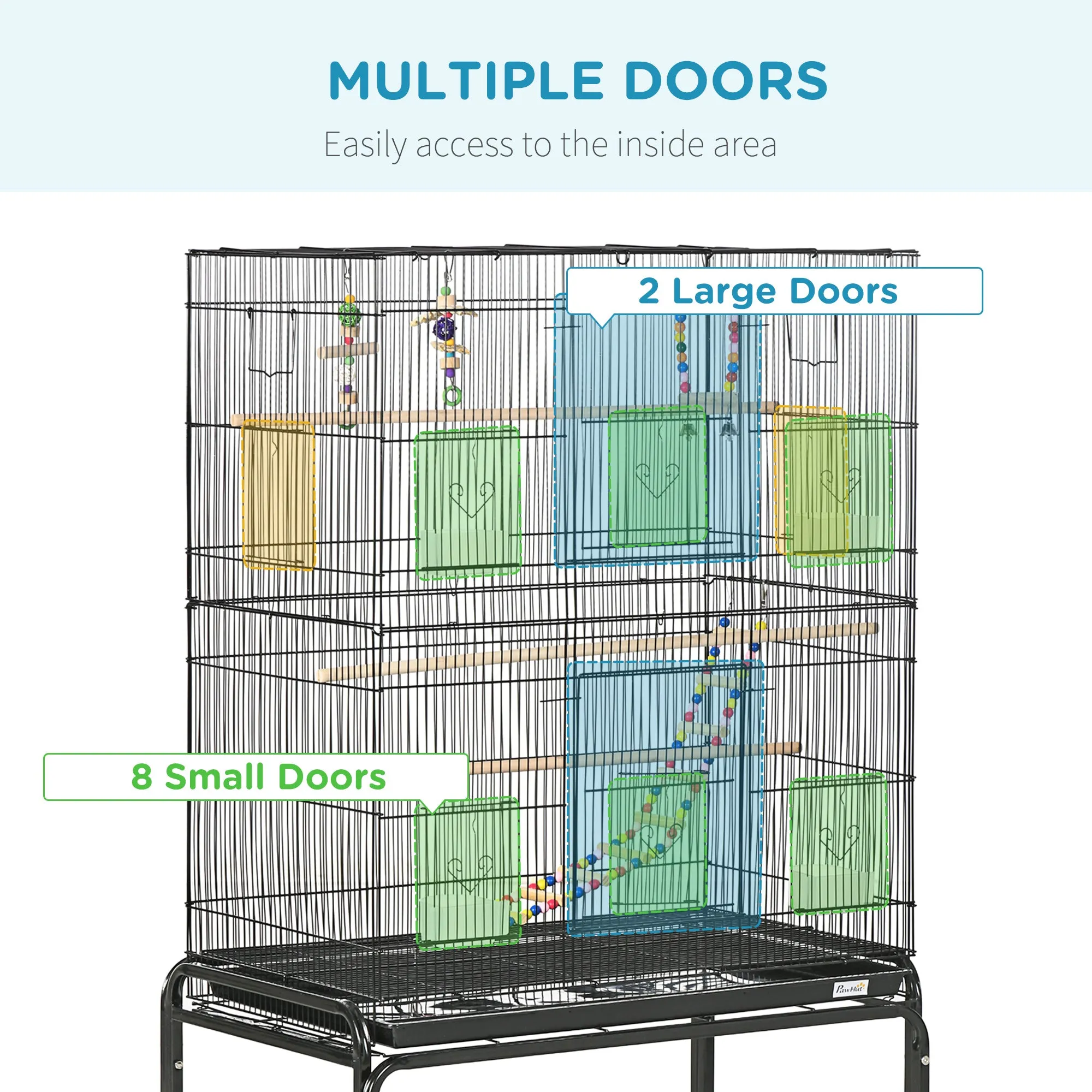 Bird Cage with Stand, Toys, Wheels, for Canaries, Finches, Lovebirds, Parakeets, Budgie Cage with Accessories, Storage Shelf, Black