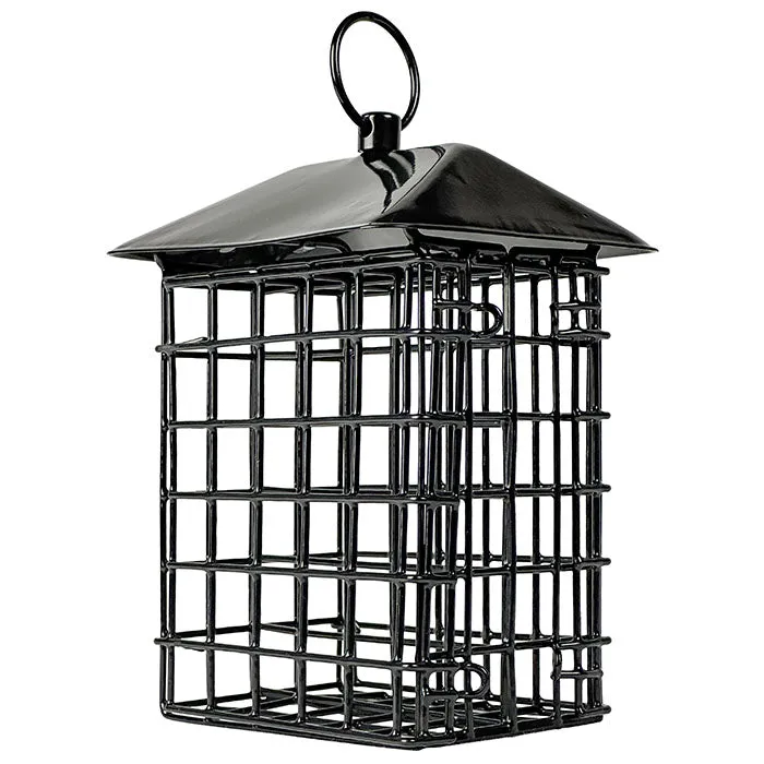 Black Metal Two Cake Suet Cage Bird Feeder with Roof