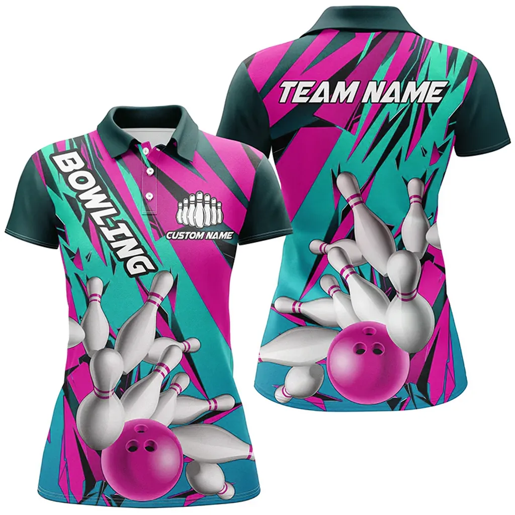 Bowling And Pins Patriotic Ladies Multicolor Option Customized Name 3D Polo Shirt For Women