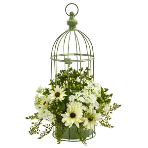 Daisy Artificial Arrangement in Decorative Bird Cage