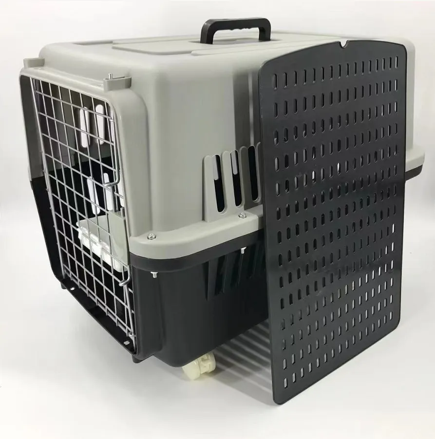 Durable Large Pet Carrier Crate with Tray, Bowl, Wheels in Black