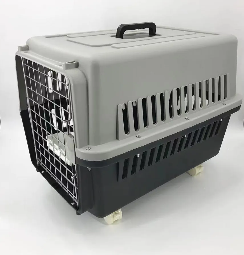 Durable Large Pet Carrier Crate with Tray, Bowl, Wheels in Black