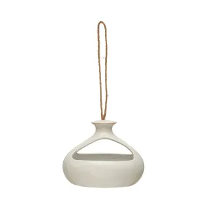 Hanging Stoneware Planter/Bird Feeder w/ Jute Rope Hanger, Matte White