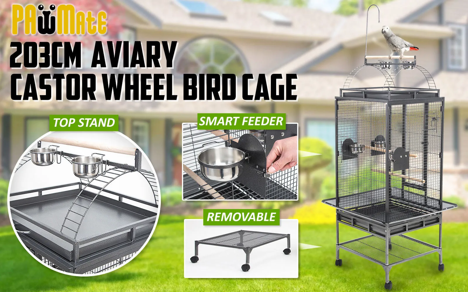 Heavy Duty Wrought Iron Bird Cage with Wheels, 203cm - Paw Mate