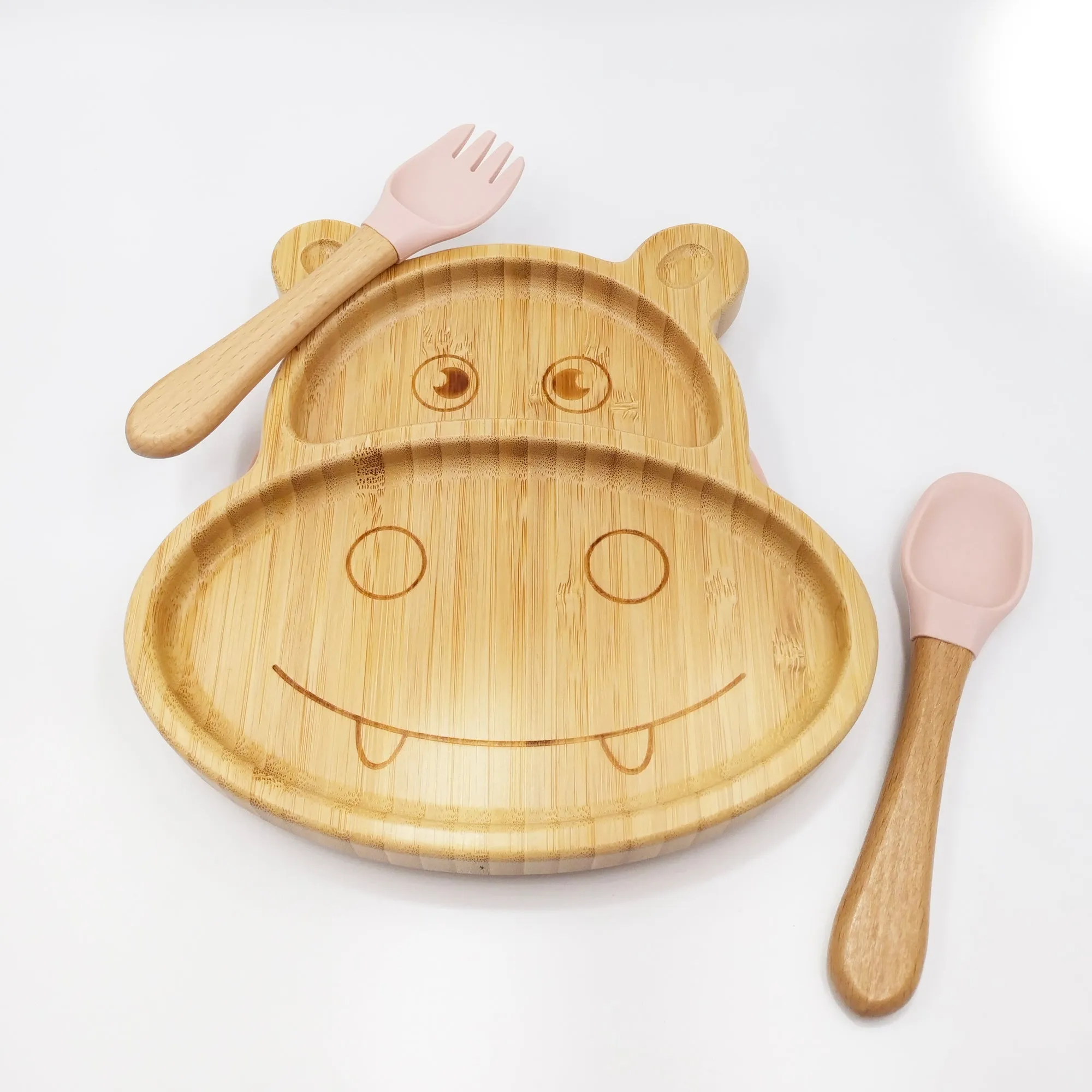 Hippo Pink- Kradyl Kroft Bamboo Silicone Bowl & Spoon Set for Babies and Toddlers