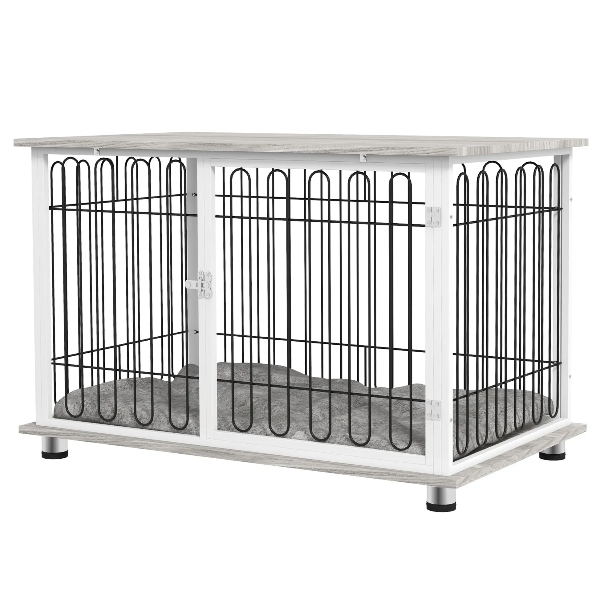 Indoor Dog Crate Furniture, Side End Table, with Soft Washable Cushion, Lockable Doors, for Big Dogs