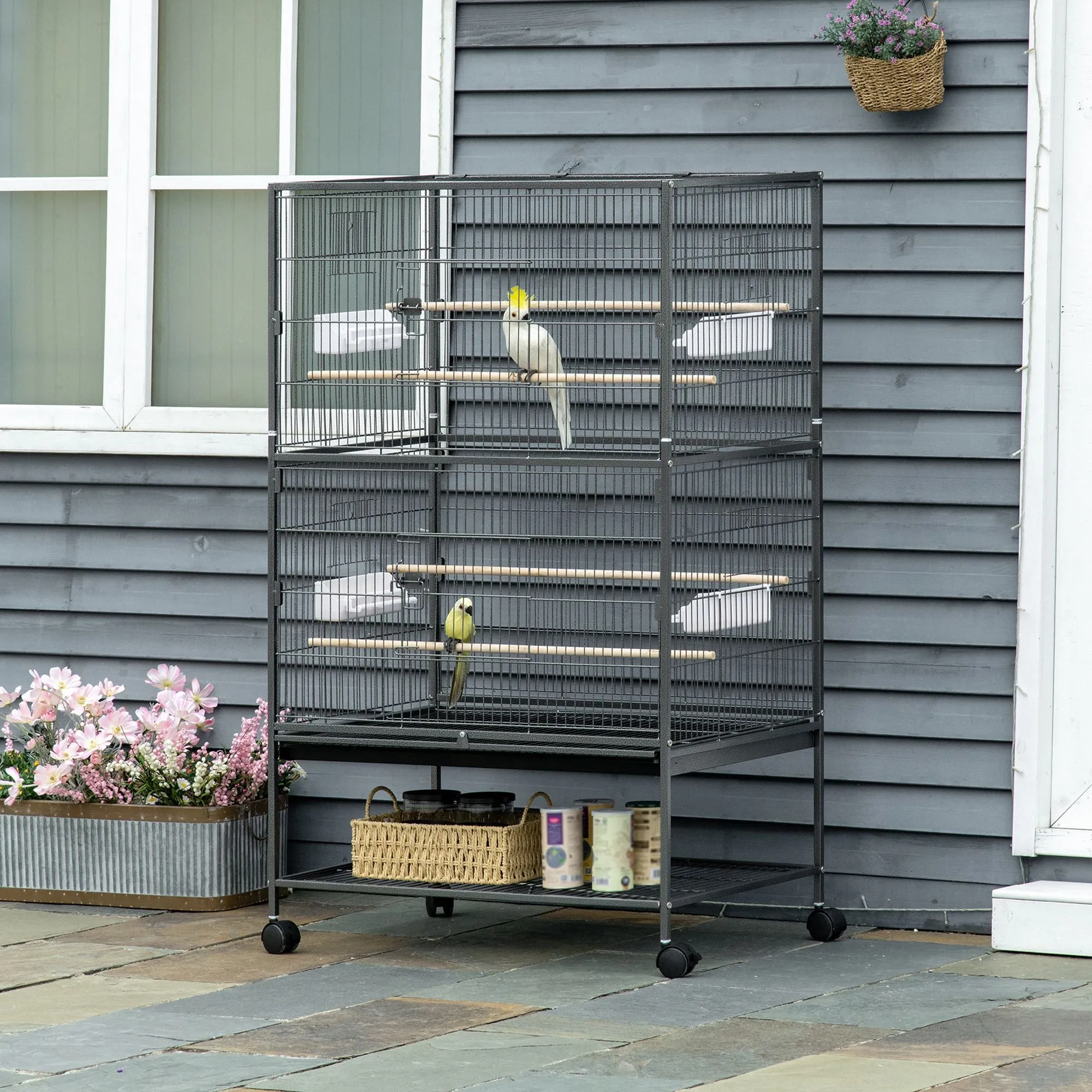 Large Bird Cage Budgie Cage for Finch Canaries Parakeet with Rolling Stand, Slide-out Tray, Storage Shelf, Food Containers, Grey