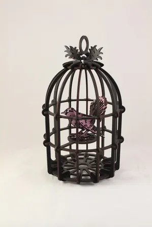 Large Black Bird Cage with White Fantail  - Abstract Design