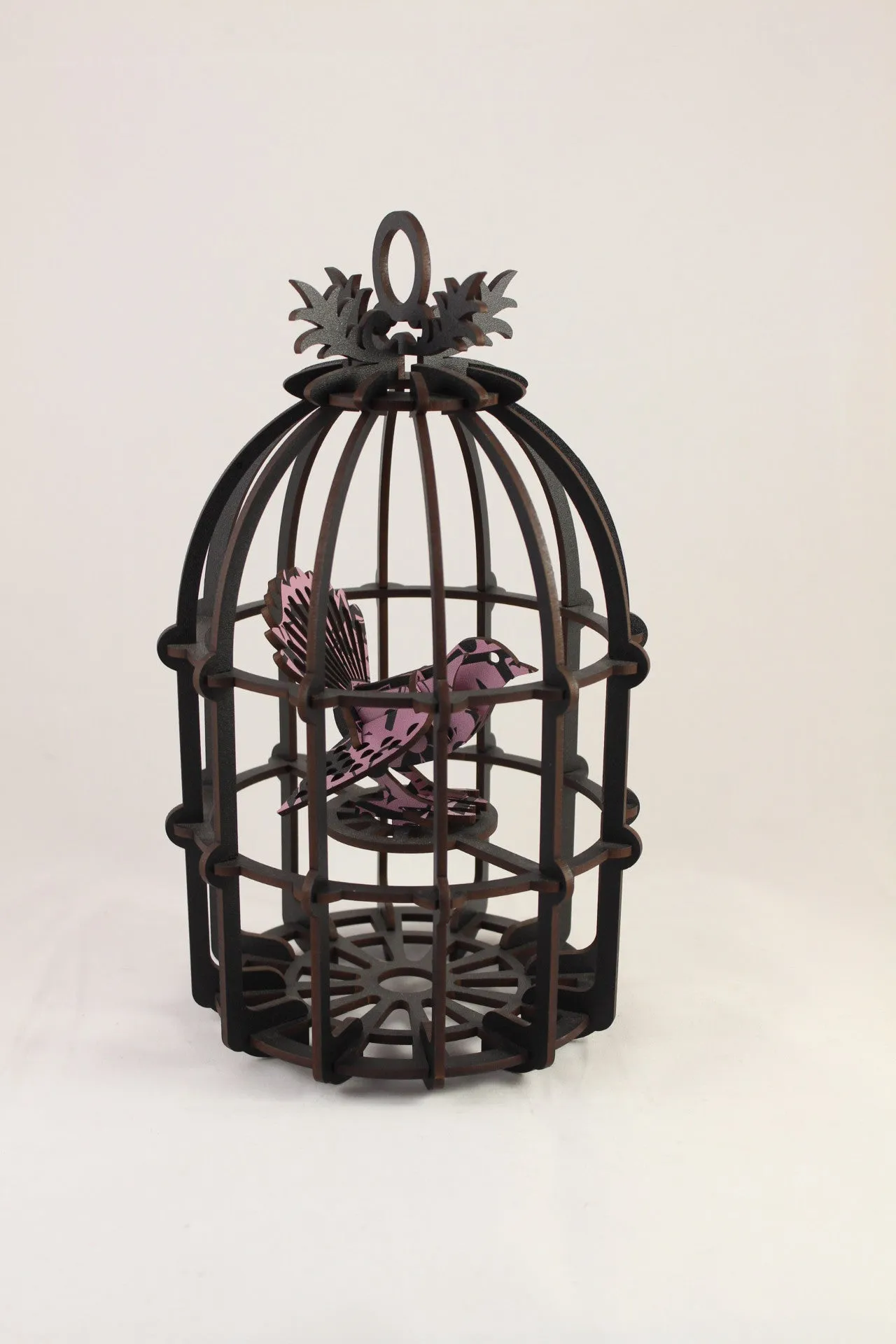 Large Black Bird Cage with White Fantail  - Abstract Design