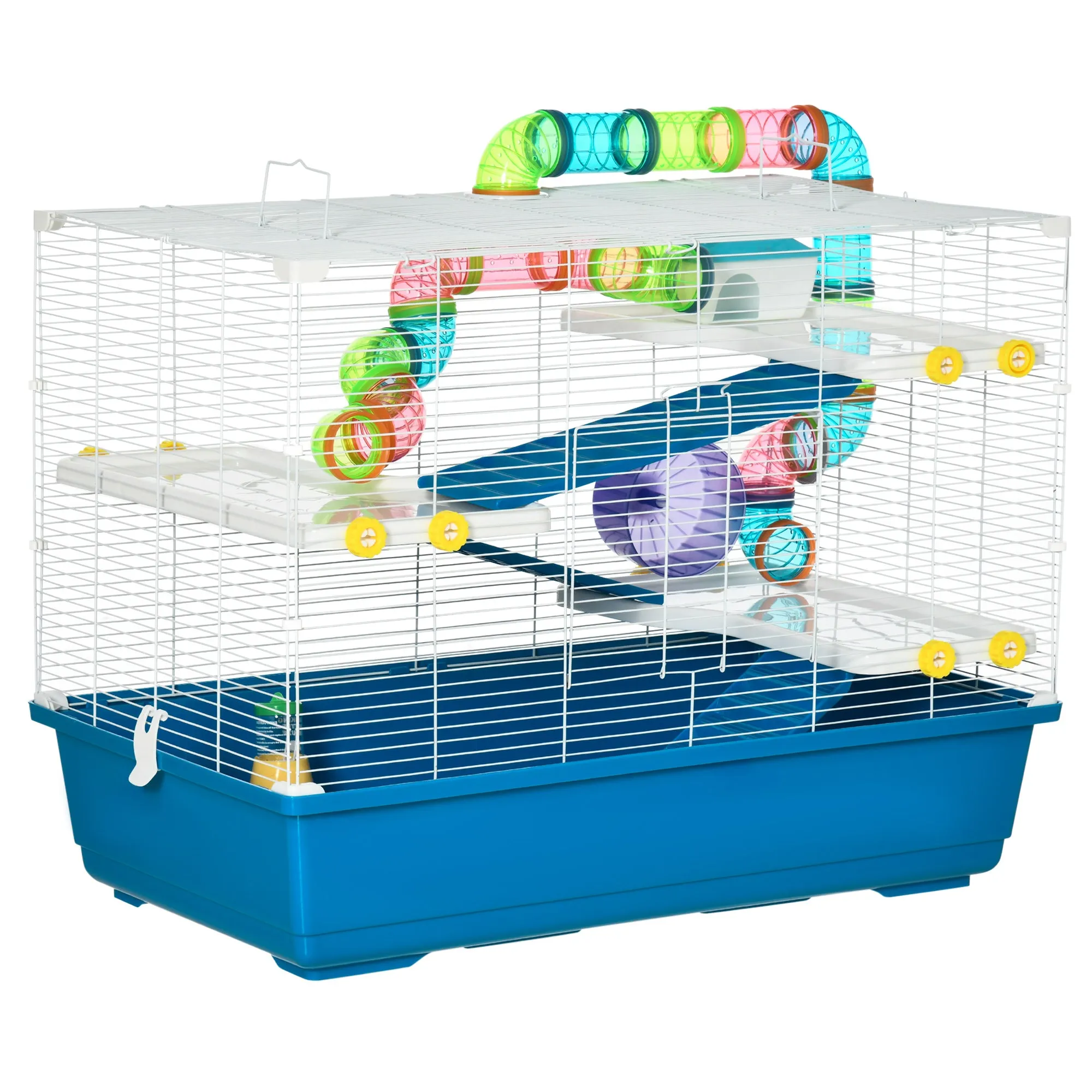 Large Hamster Cage, Multi-storey Gerbil Haven, Small Rodent House, Tunnel Tube System, with Water Bottle, Exercise Wheel, Food Dish,Ramps Blue