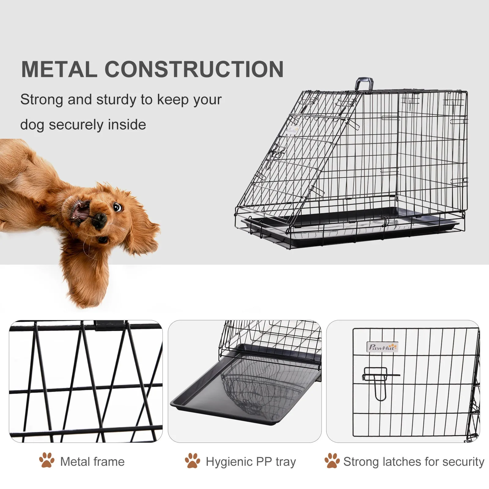 Metal Dog Car Crate Folding Pet Cage Transport Box Carrier for Small Dog with Removable Tray 77 x 47 x 55cm