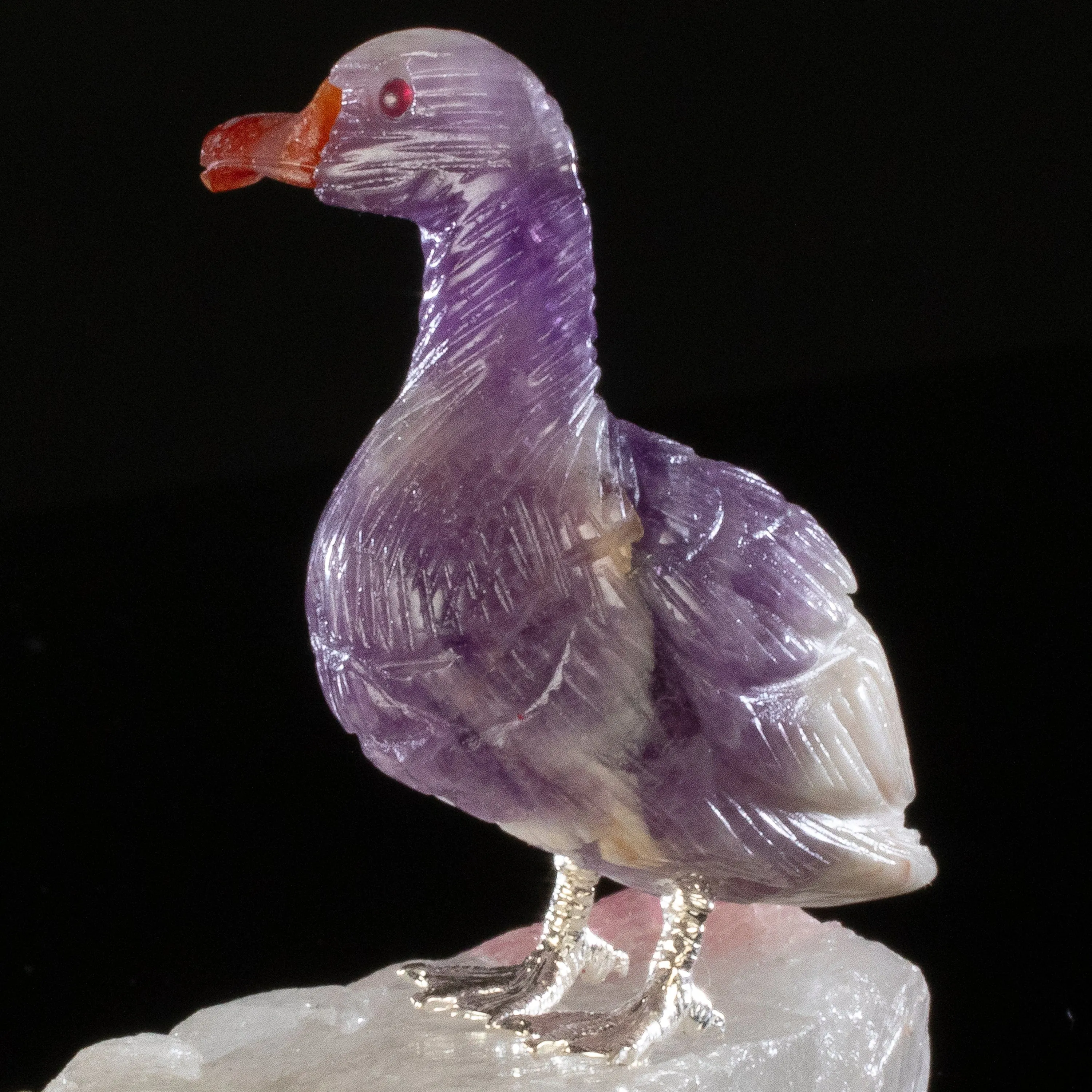 Peter Muller Chevron Amethyst Duck Love Bird Carving on Watermelon Tourmaline Base