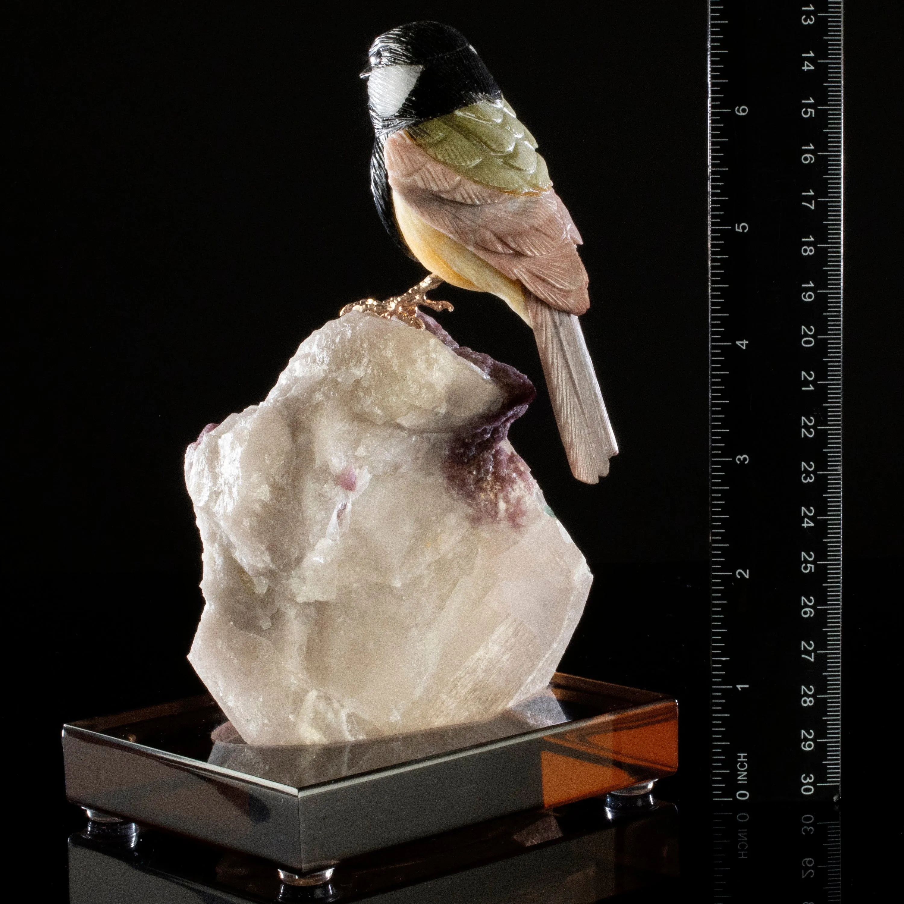 Peter Muller Obsidian Black Tit Love Bird Carving on Watermelon Tourmaline Base