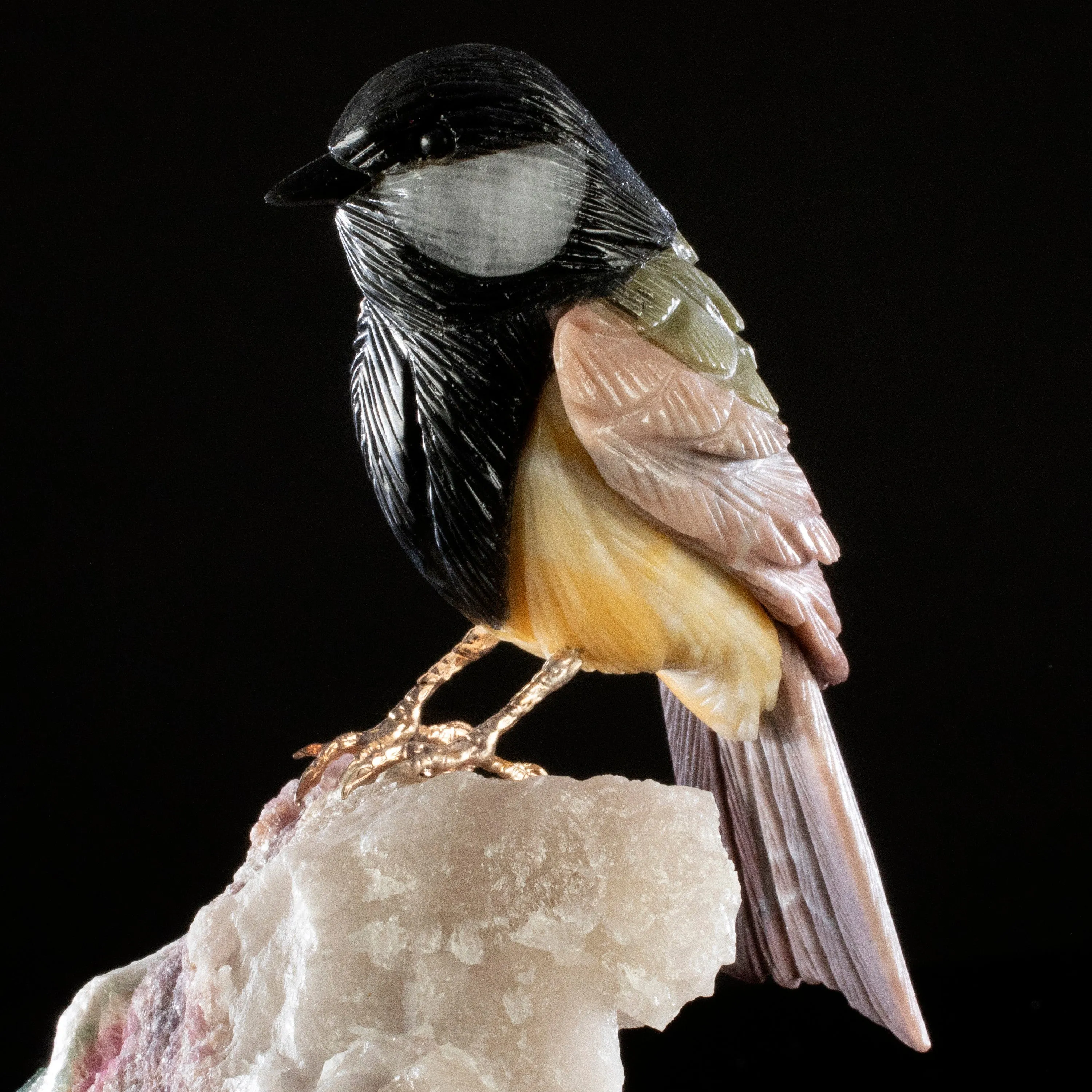 Peter Muller Obsidian Black Tit Love Bird Carving on Watermelon Tourmaline Base