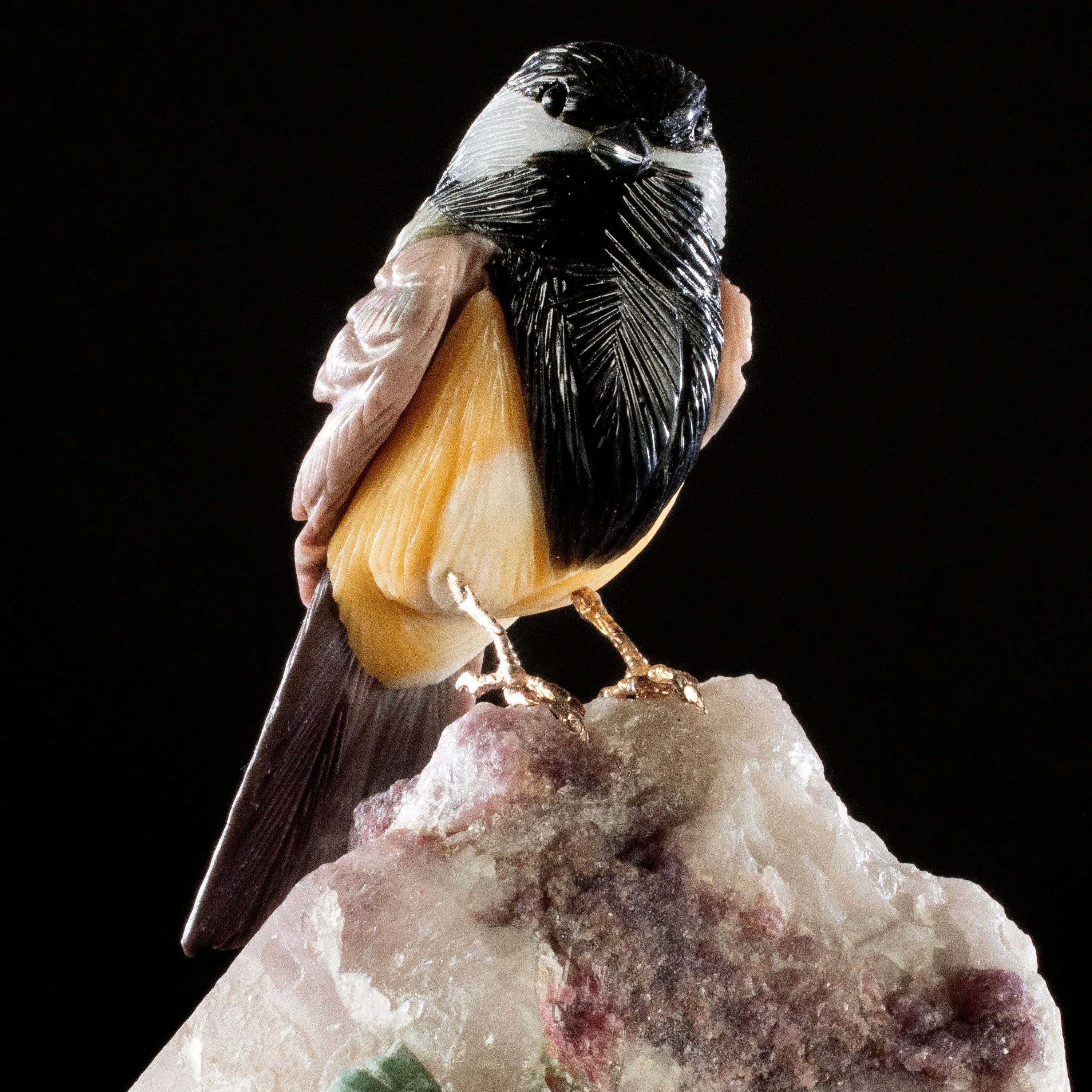 Peter Muller Obsidian Black Tit Love Bird Carving on Watermelon Tourmaline Base