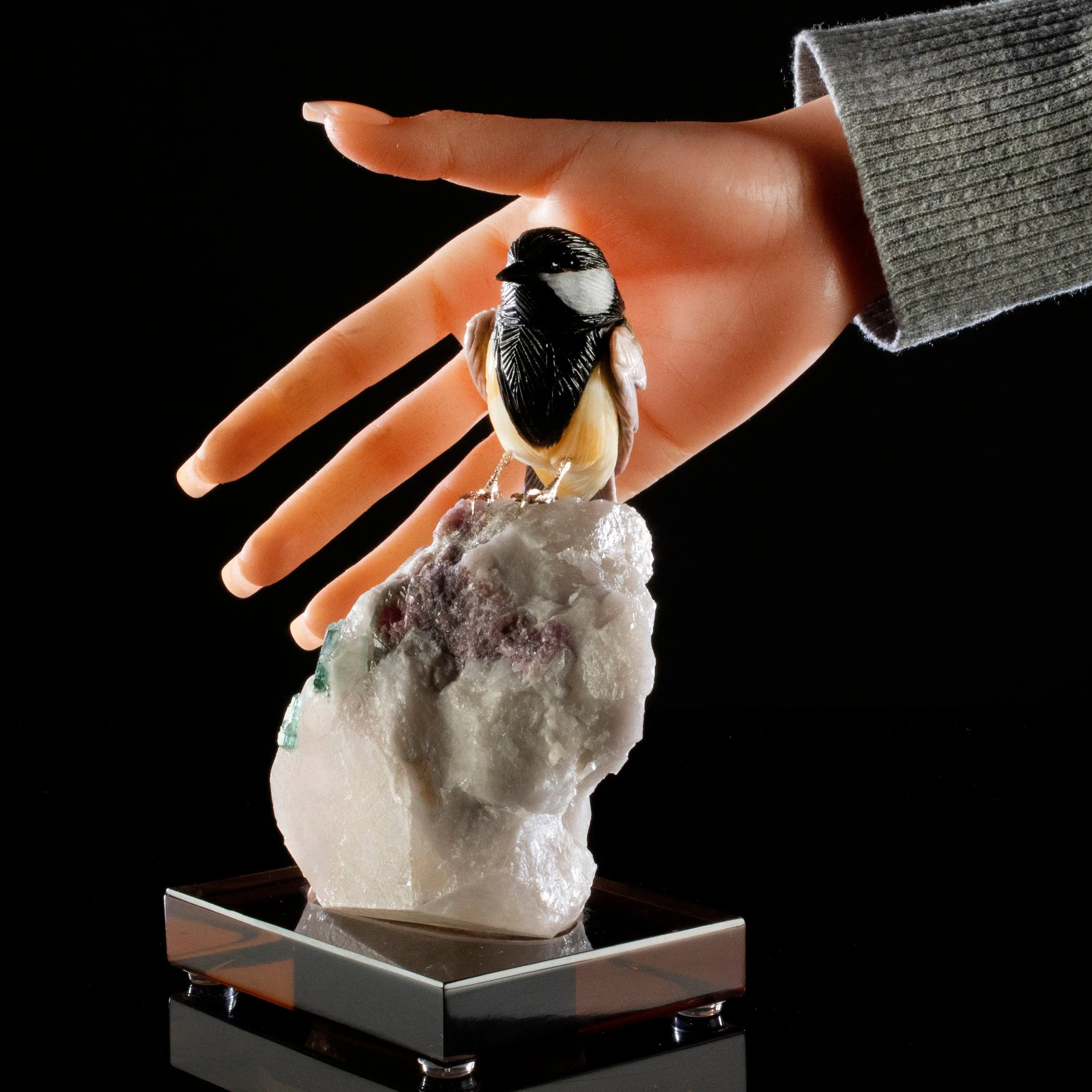 Peter Muller Obsidian Black Tit Love Bird Carving on Watermelon Tourmaline Base