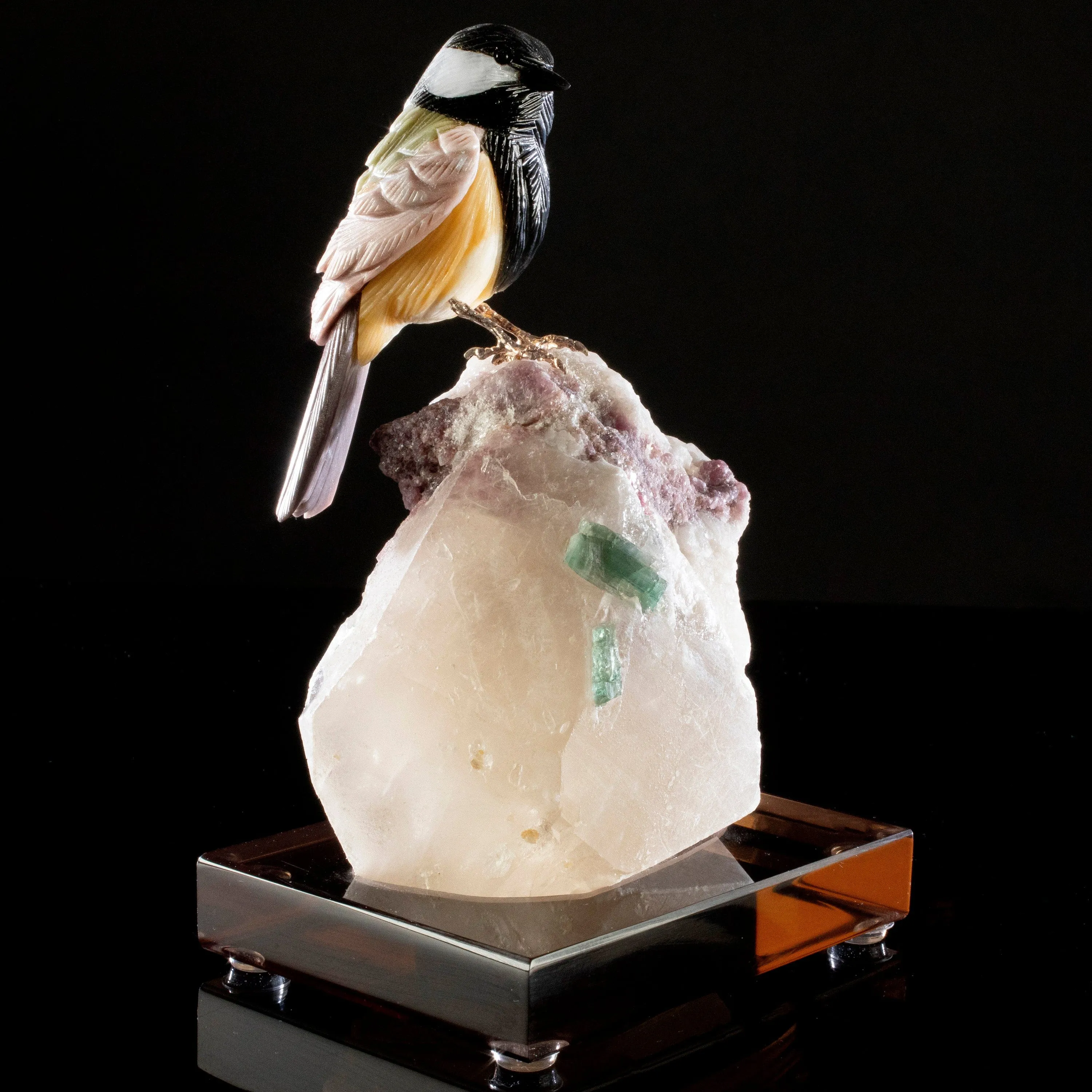 Peter Muller Obsidian Black Tit Love Bird Carving on Watermelon Tourmaline Base