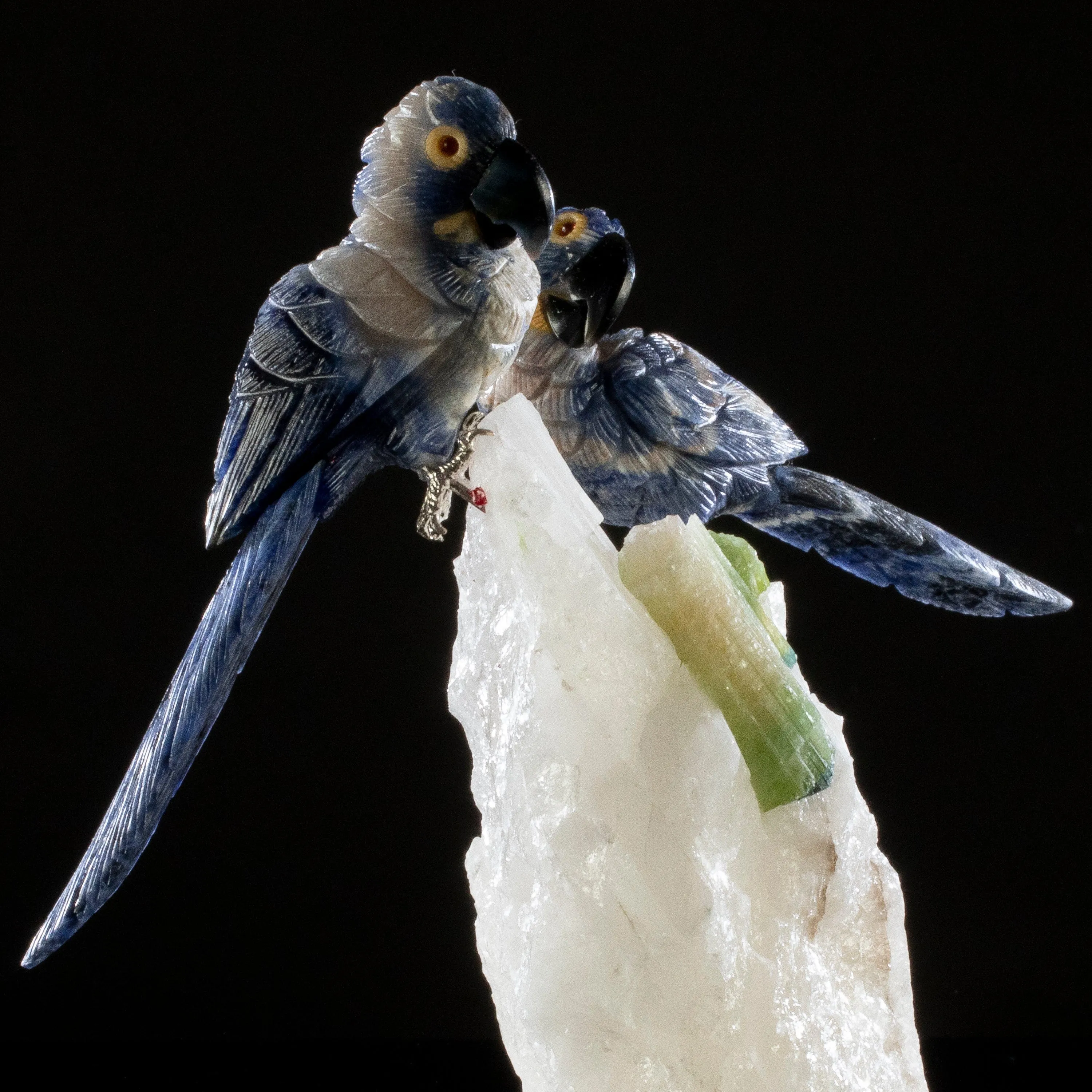 Peter Muller Sodalite Hyacinth Love Bird Carvings on Quartz & Tourmaline Base