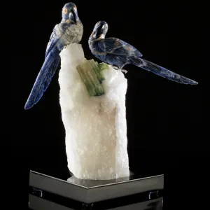 Peter Muller Sodalite Hyacinth Love Bird Carvings on Quartz & Tourmaline Base