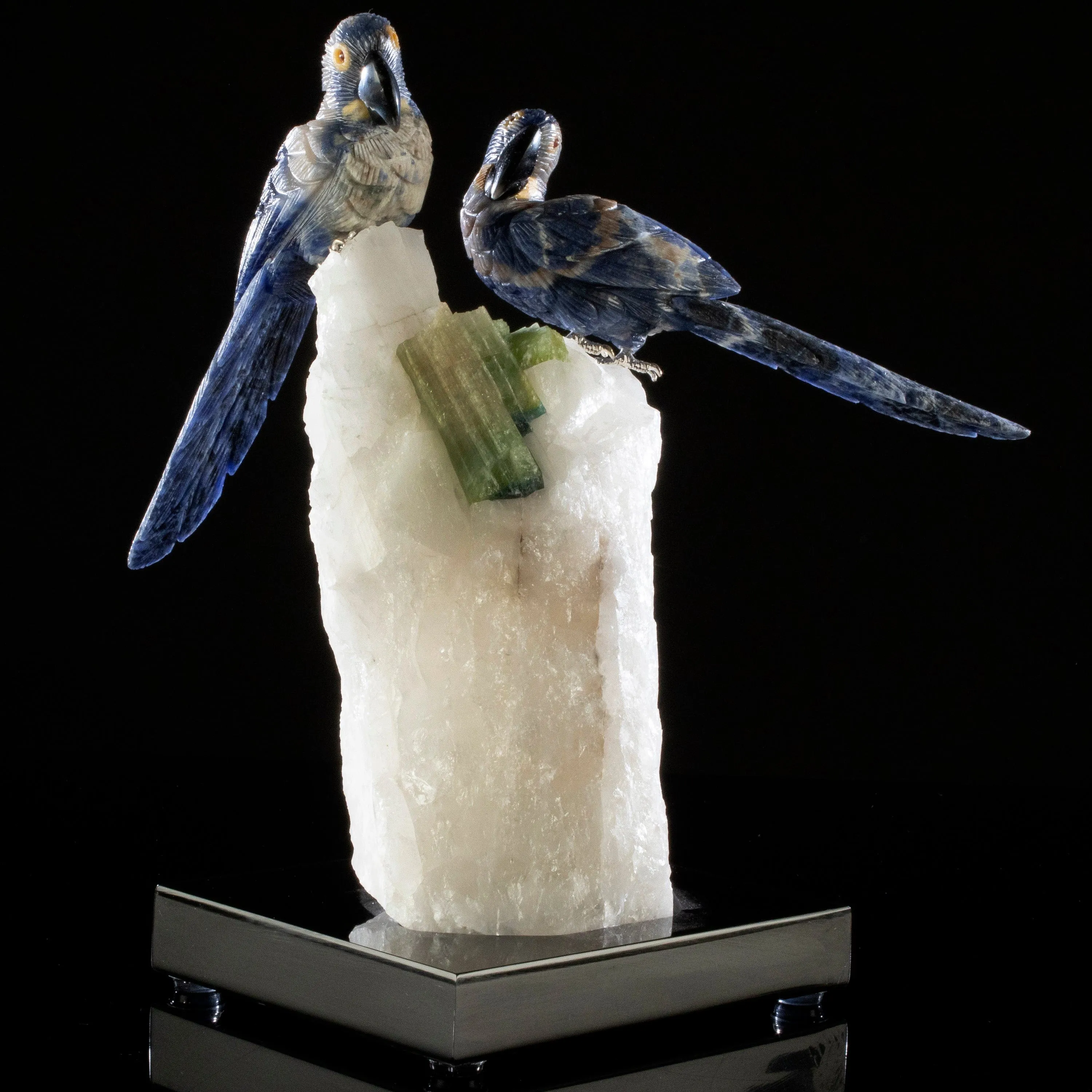 Peter Muller Sodalite Hyacinth Love Bird Carvings on Quartz & Tourmaline Base