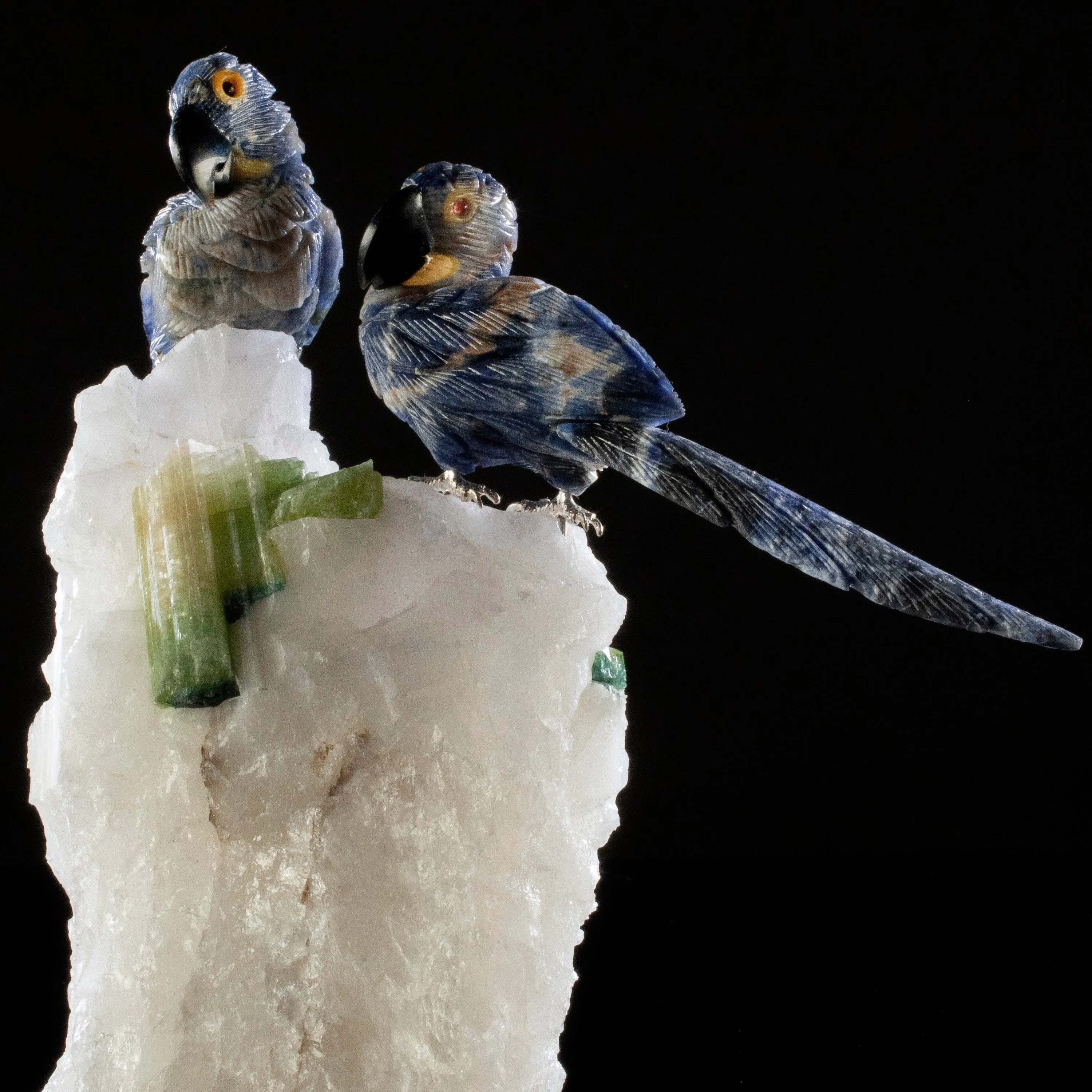 Peter Muller Sodalite Hyacinth Love Bird Carvings on Quartz & Tourmaline Base