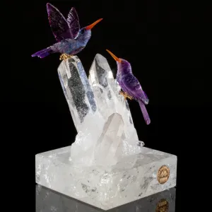 Peter Muller Sugilite Hummingbird Couple Love Birds Carving on Clear Quartz Point Cluster Base