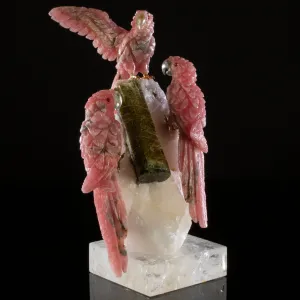 Peter Muller Triple Rhodochrosite Macaw Love Birds Carving on Quartz & Green Tourmaline Base