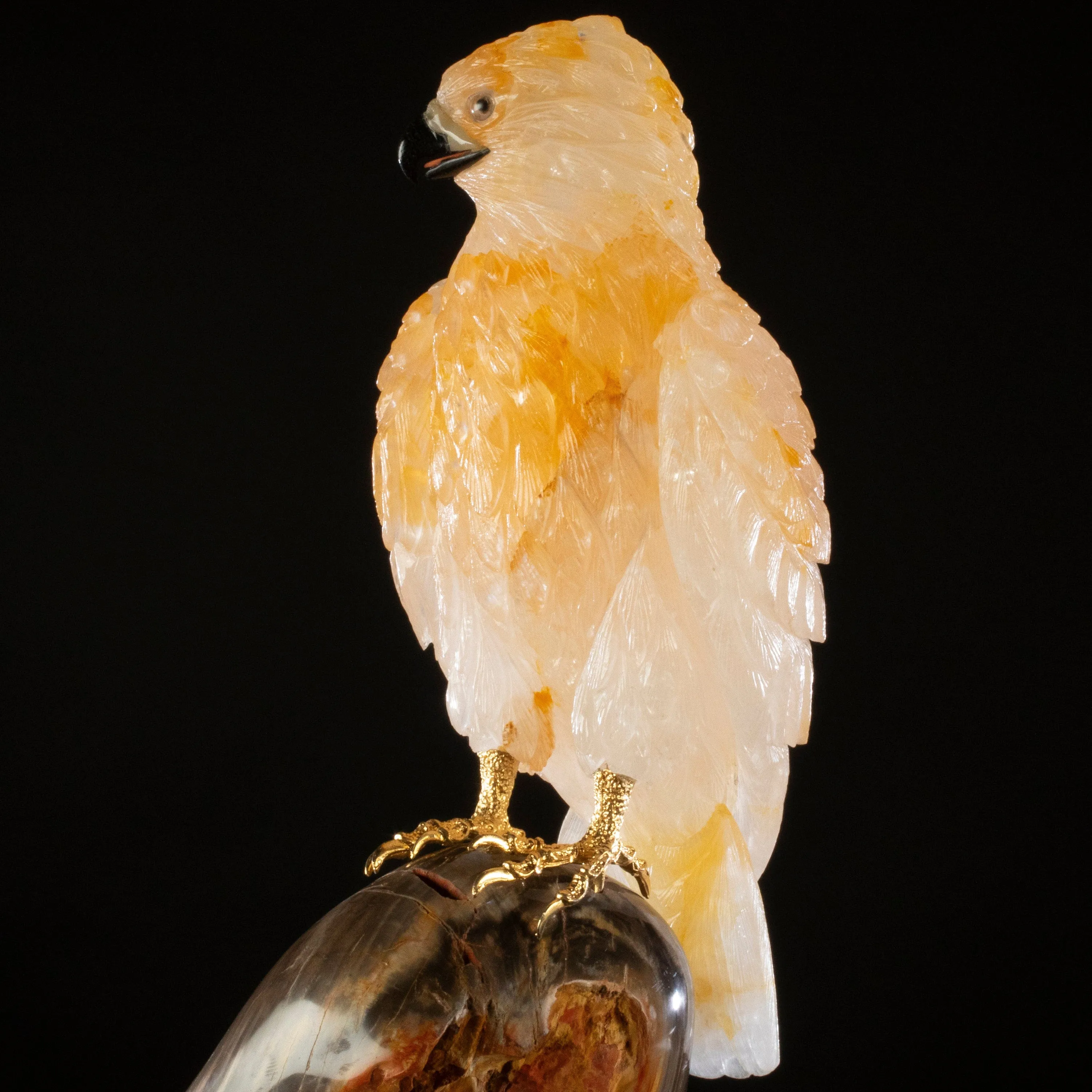 Peter Muller Yellow Quartz Hawk Couple Love Birds Carving on Petrified Wood Base