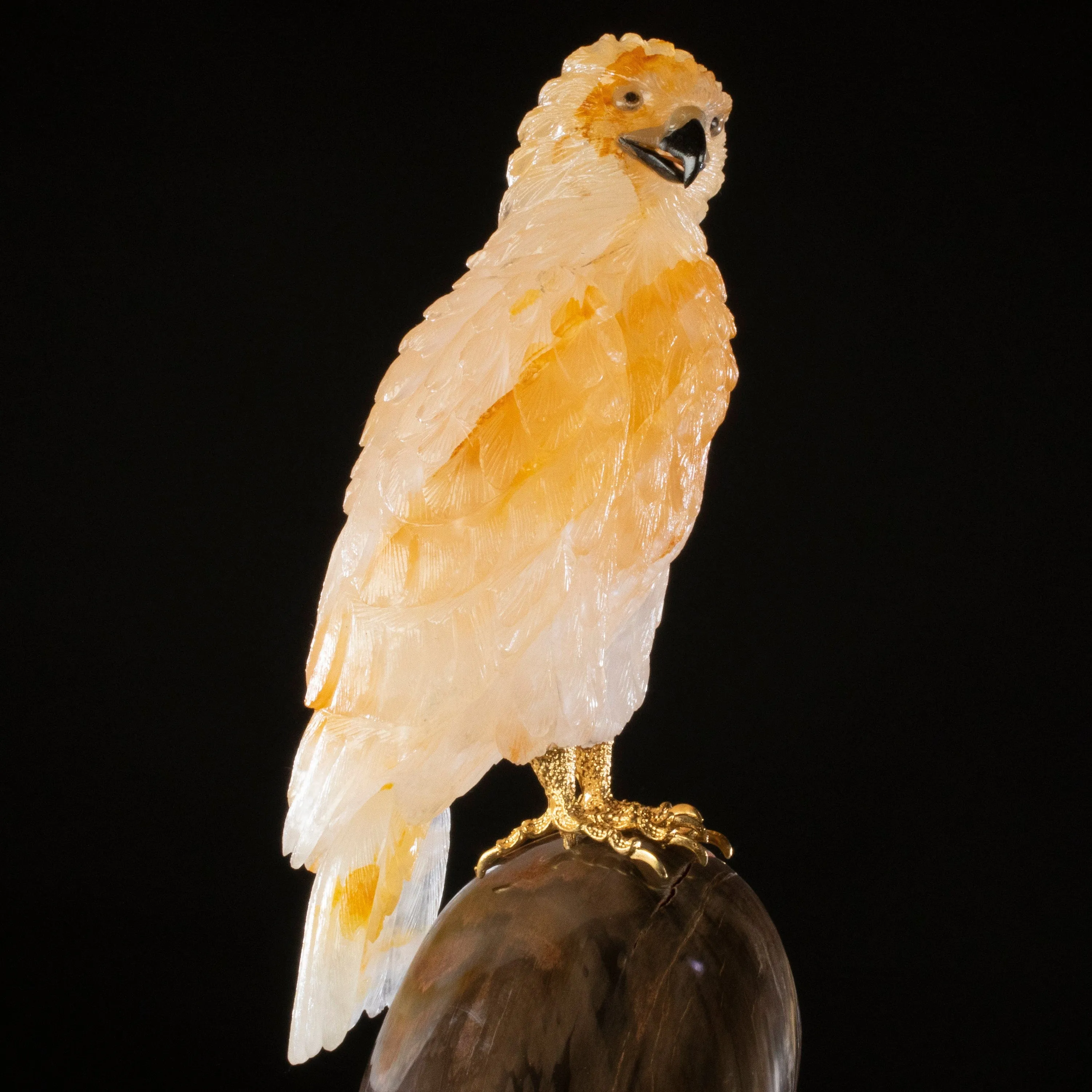 Peter Muller Yellow Quartz Hawk Couple Love Birds Carving on Petrified Wood Base