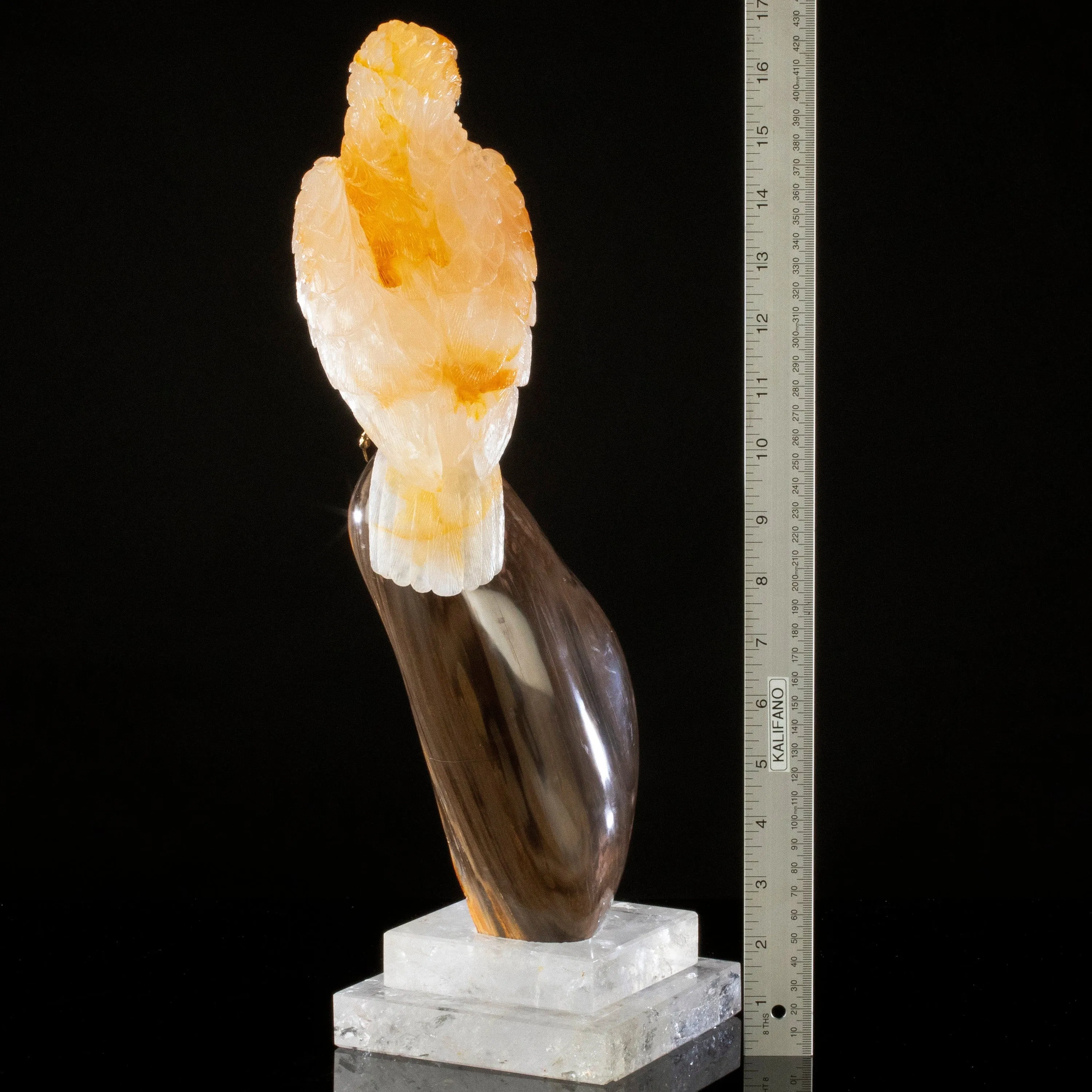 Peter Muller Yellow Quartz Hawk Couple Love Birds Carving on Petrified Wood Base