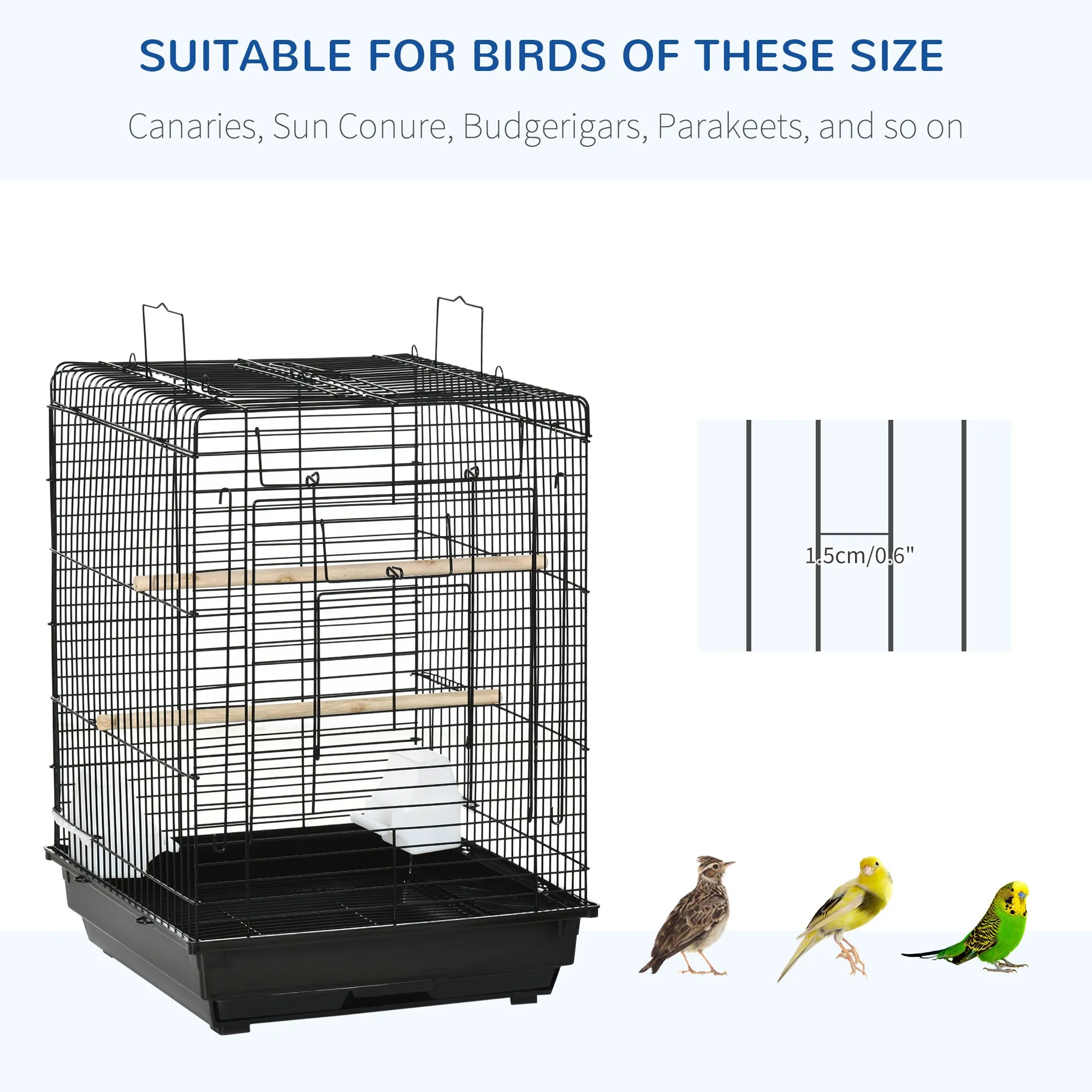 Steel Bird Cage with Openable Top, Stand, Tray, Handles, Feeding Bowls for Parakeet, Finch, Black