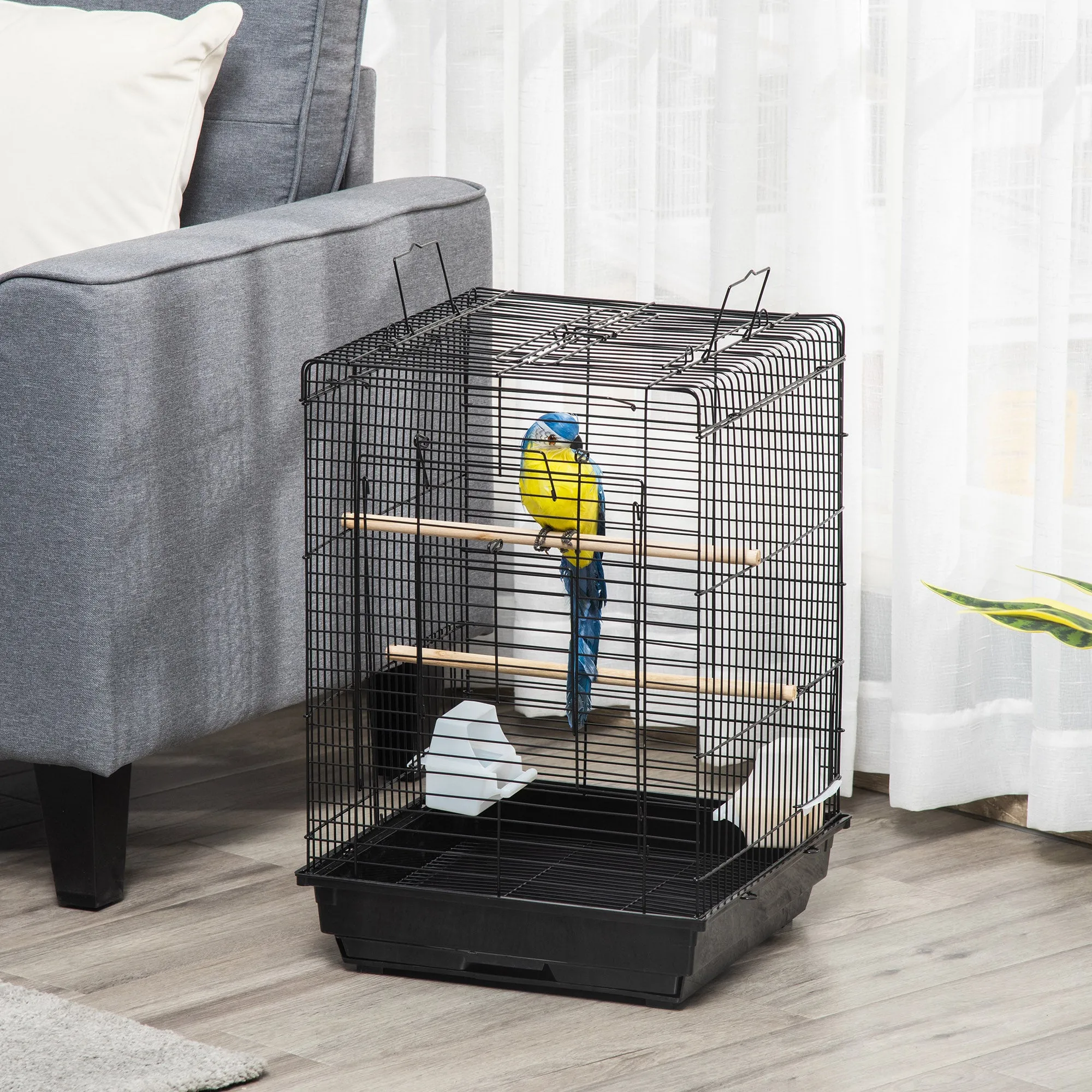 Steel Bird Cage with Openable Top, Stand, Tray, Handles, Feeding Bowls for Parakeet, Finch, Black