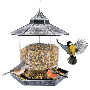 Sun Joe SJ-WBFX-SLV Wild Bird Hanging Feeder | w/ Roof and Hexagonal Shape | For Outdoor Garden & Yard Decoration | 2.15 Lbs Bird Seed & Nut Capacity (Silver)