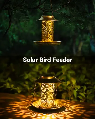 SWEETFULL Solar Bird Feeder for Outdoors Hanging, Metal Wild Bird Feeder for Cardinals Solar Garden Lantern with S Hook as Gift Ideas for Bird Lovers (2LBs Heavy Duty birdfeeders)