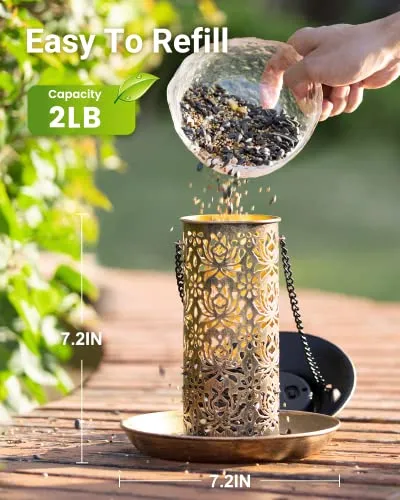 SWEETFULL Solar Bird Feeder for Outdoors Hanging, Metal Wild Bird Feeder for Cardinals Solar Garden Lantern with S Hook as Gift Ideas for Bird Lovers (2LBs Heavy Duty birdfeeders)