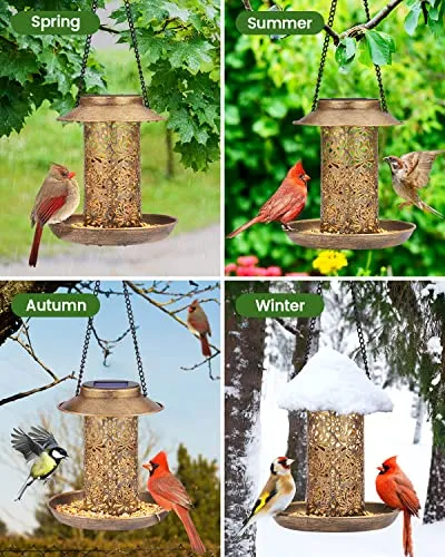 SWEETFULL Solar Bird Feeder for Outdoors Hanging, Metal Wild Bird Feeder for Cardinals Solar Garden Lantern with S Hook as Gift Ideas for Bird Lovers (2LBs Heavy Duty birdfeeders)