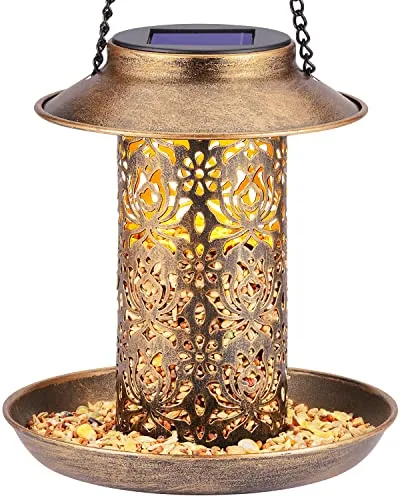 SWEETFULL Solar Bird Feeder for Outdoors Hanging, Metal Wild Bird Feeder for Cardinals Solar Garden Lantern with S Hook as Gift Ideas for Bird Lovers (2LBs Heavy Duty birdfeeders)