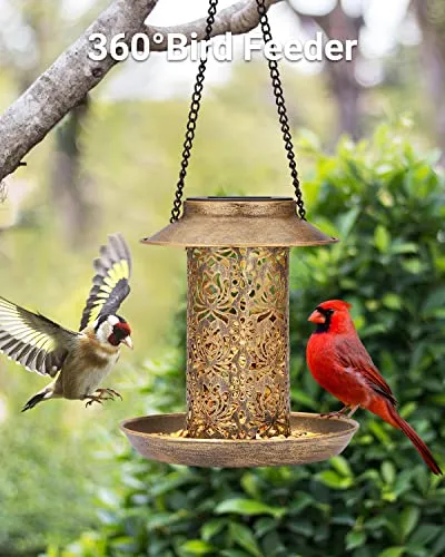 SWEETFULL Solar Bird Feeder for Outdoors Hanging, Metal Wild Bird Feeder for Cardinals Solar Garden Lantern with S Hook as Gift Ideas for Bird Lovers (2LBs Heavy Duty birdfeeders)