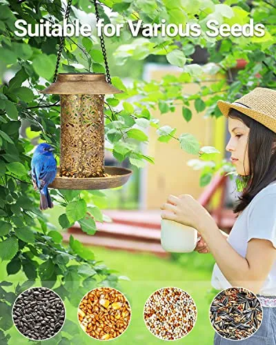 SWEETFULL Solar Bird Feeder for Outdoors Hanging, Metal Wild Bird Feeder for Cardinals Solar Garden Lantern with S Hook as Gift Ideas for Bird Lovers (2LBs Heavy Duty birdfeeders)